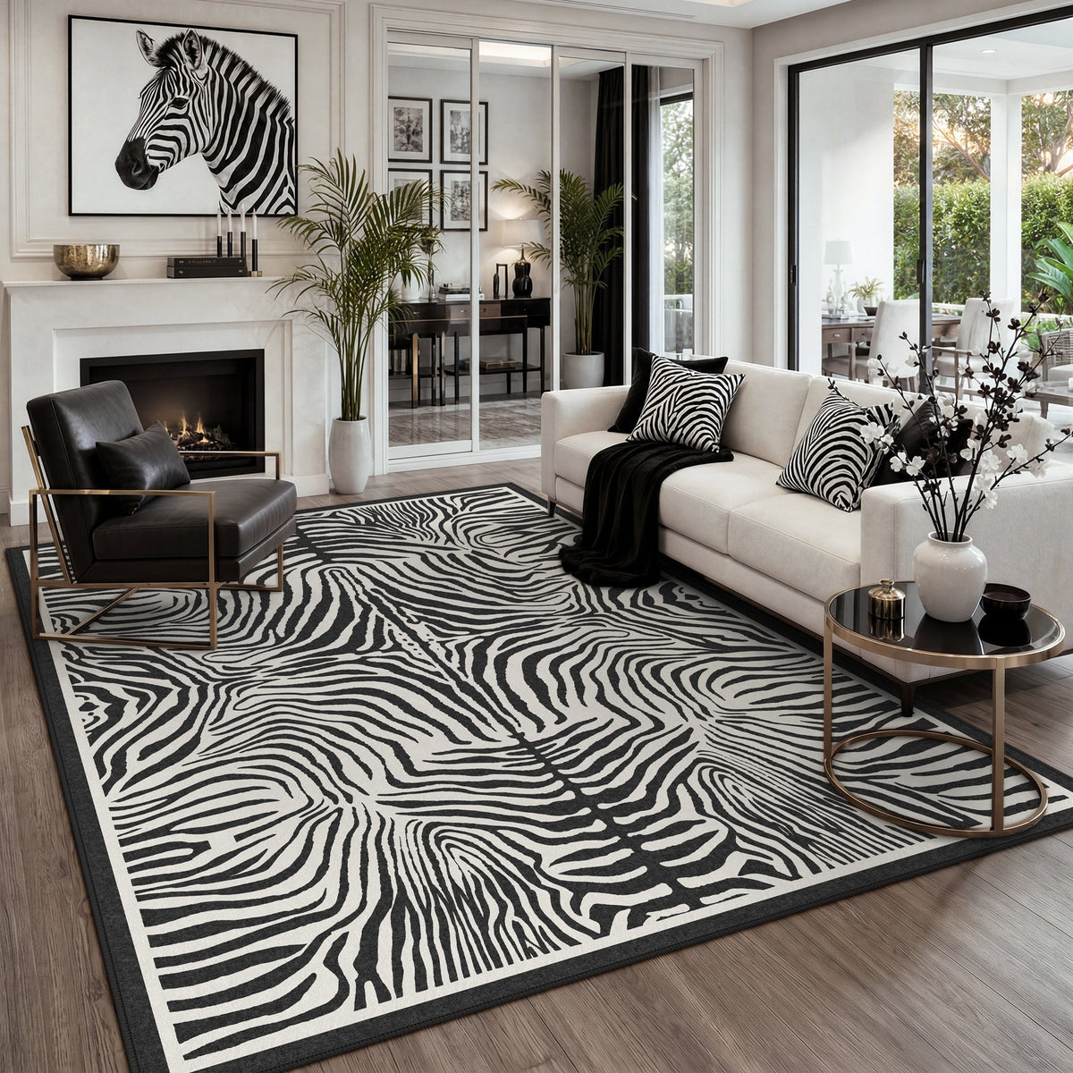 Black and white zebra print rug on wooden floor in modern living room with sofa and chair