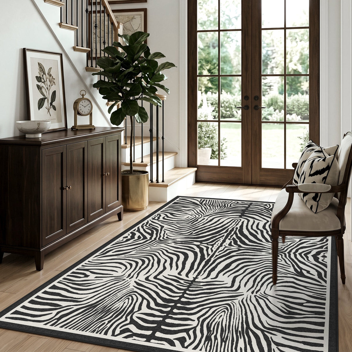 Black and white zebra print rug on hardwood floor in a living room with chair and staircase