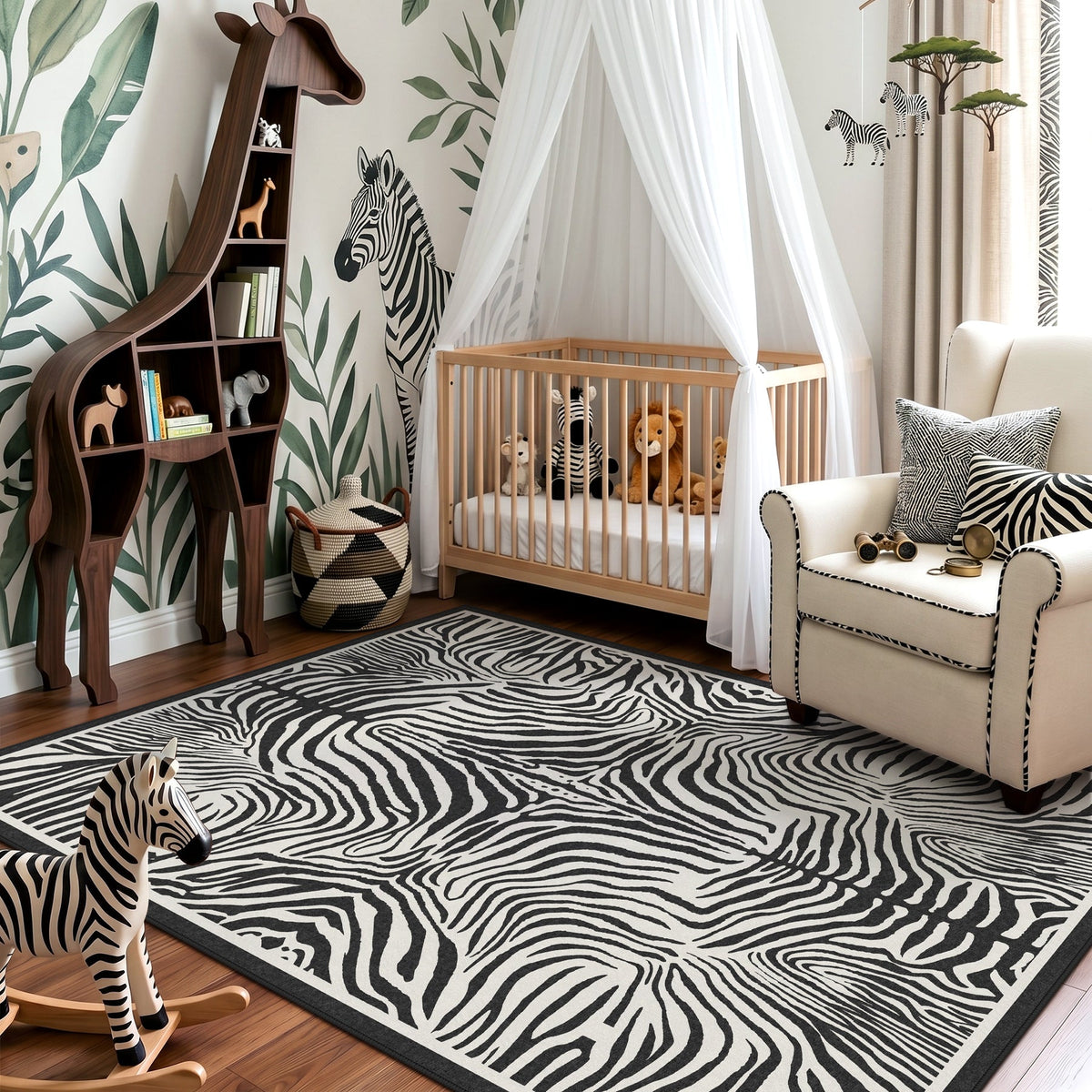 Black and white zebra print rug on wooden floor in a nursery with crib and giraffe shelf