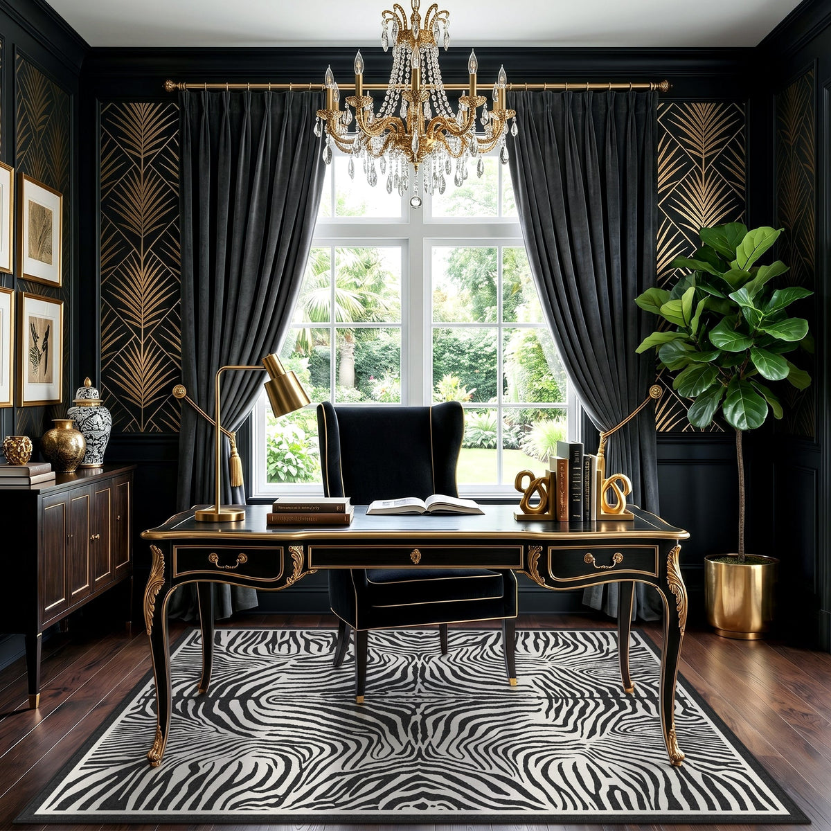 Black and white zebra print rug on hardwood floor in a dark-themed room with a desk and window