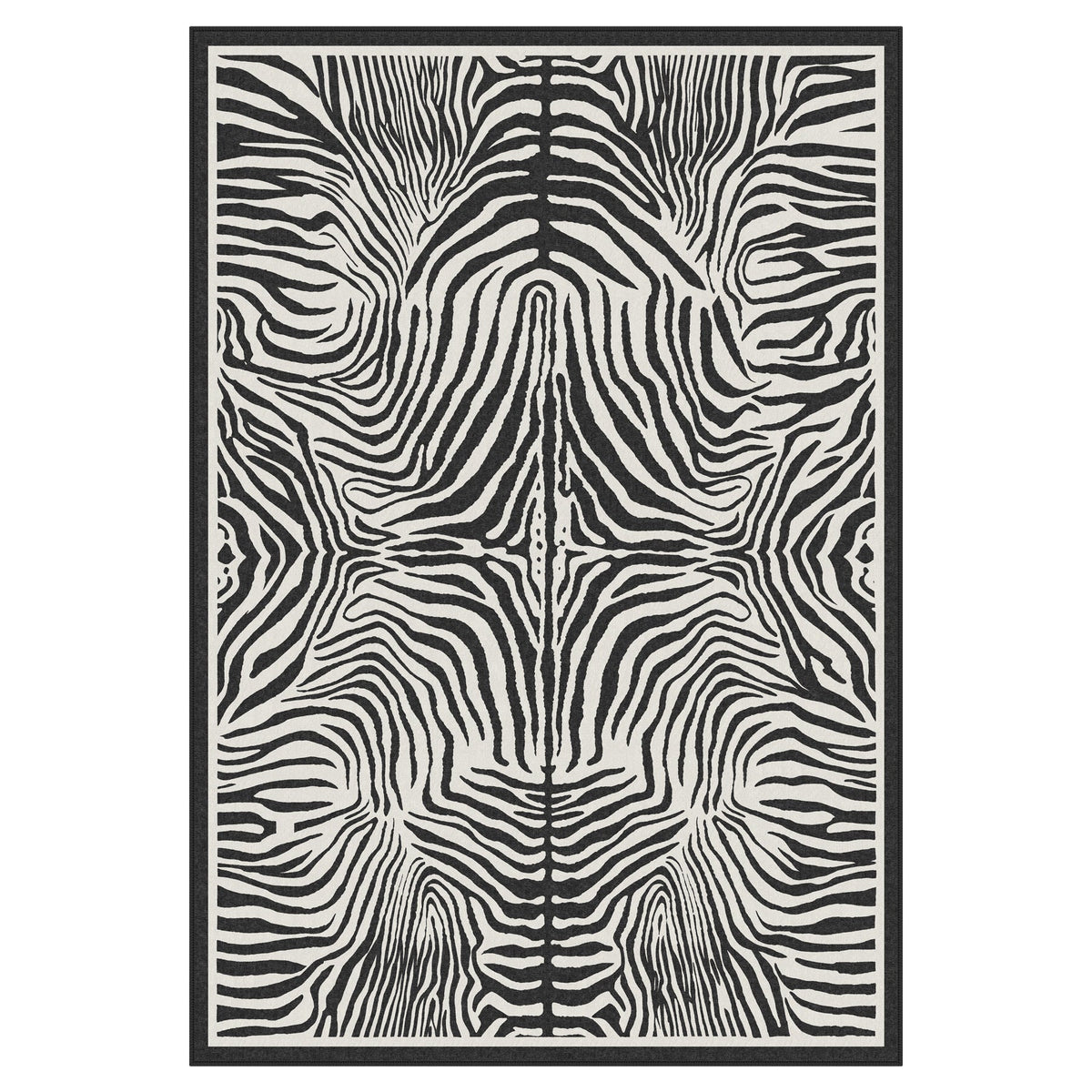 Black and white zebra print area rug with non-slip backing, shown flat