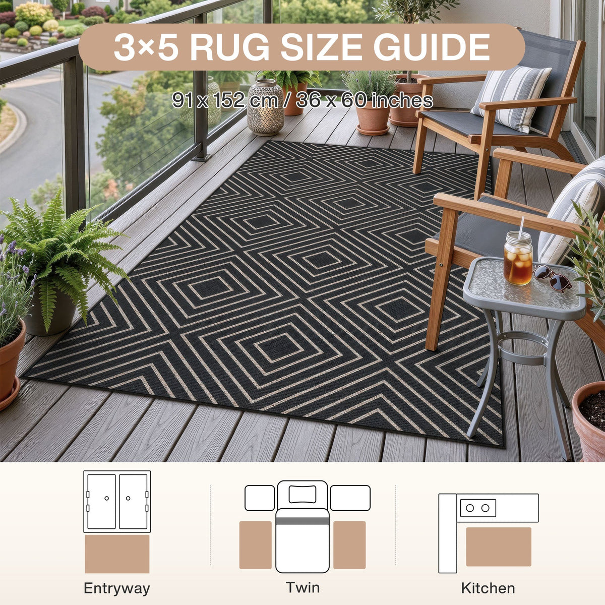 Black geometric patterned jute rug on wooden deck with chairs and plants, 91 x 152 cm / 36 x 60 inches