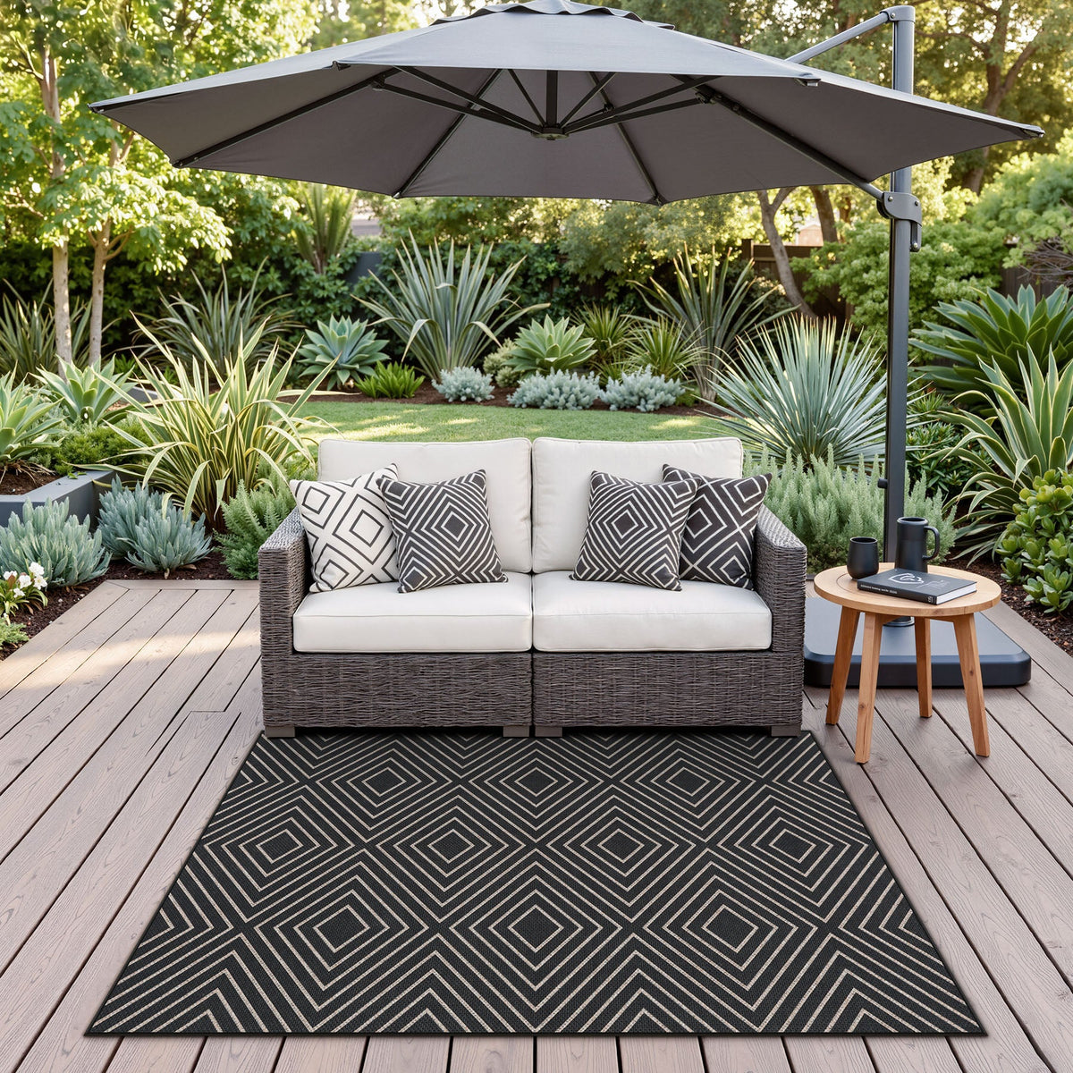 Black and white geometric patterned jute rug on wooden deck under patio umbrella