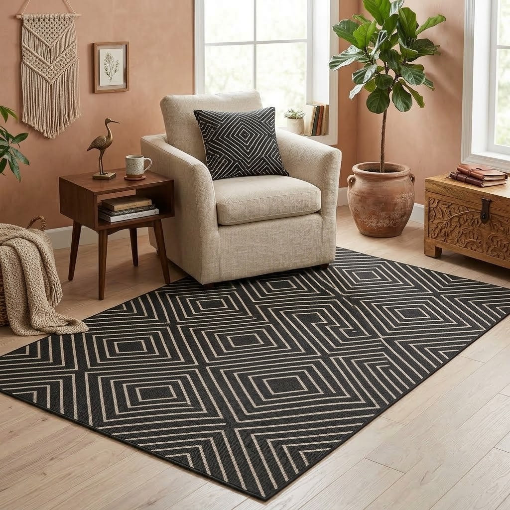 Black and beige geometric patterned jute area rug on light wood floor in living room