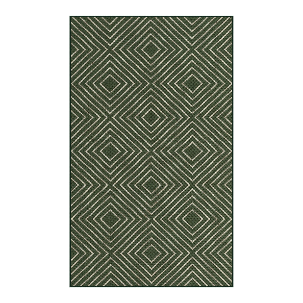 Dark green and beige geometric patterned jute area rug, flat lay view