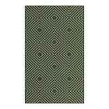 Dark green and beige geometric patterned jute area rug, flat lay view