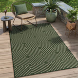 Dark green geometric patterned jute rug on wooden deck with chair and plants