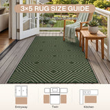 Green geometric patterned jute rug on wooden deck, 36 x 60 inches, with size guide overlay
