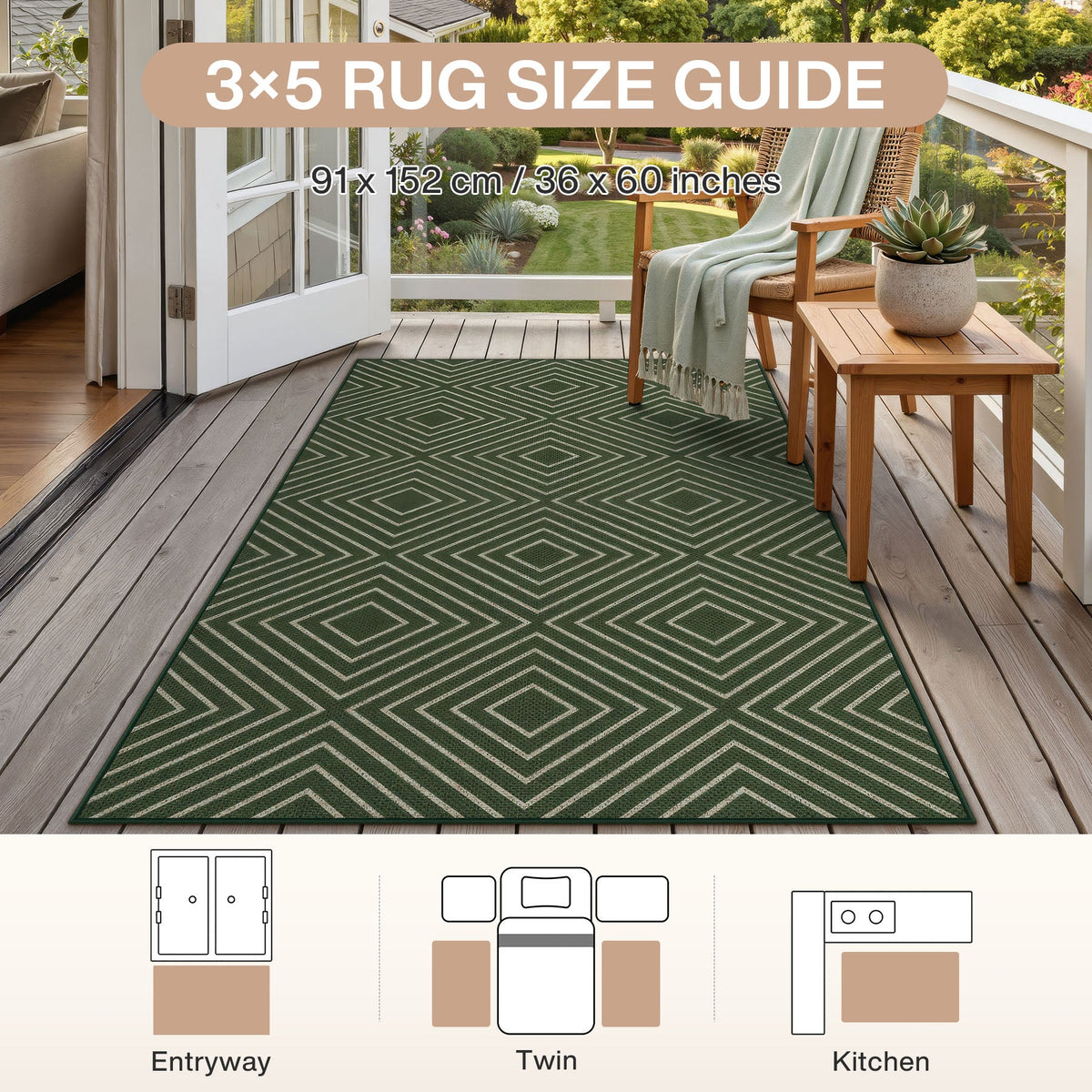 Geometric Easy Jute Area Rug, Washable Non Slip Indoor Outdoor Patio Entryway Rug