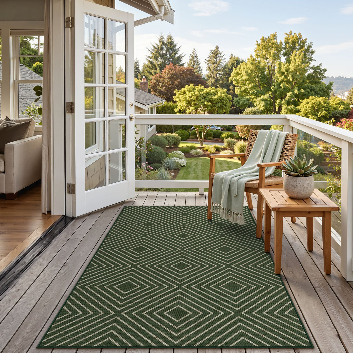 Dark green geometric patterned jute rug on wooden deck with outdoor furniture and garden view