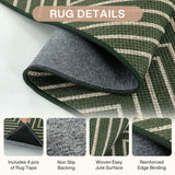 Close-up of green and beige geometric woven jute rug with non-slip backing and reinforced edge binding