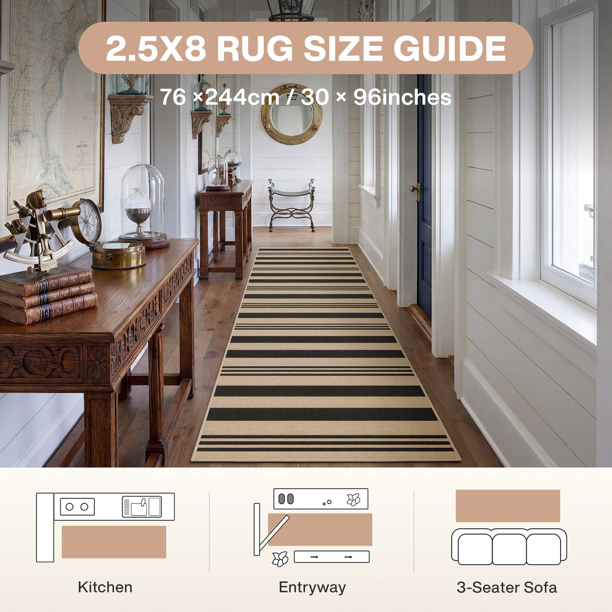 Striped jute runner rug in beige and black, 76 x 244cm, shown in hallway with wooden floors and furniture