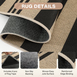 Close-up of striped jute rug with black and beige pattern, showing backing, surface, and reinforced edge binding