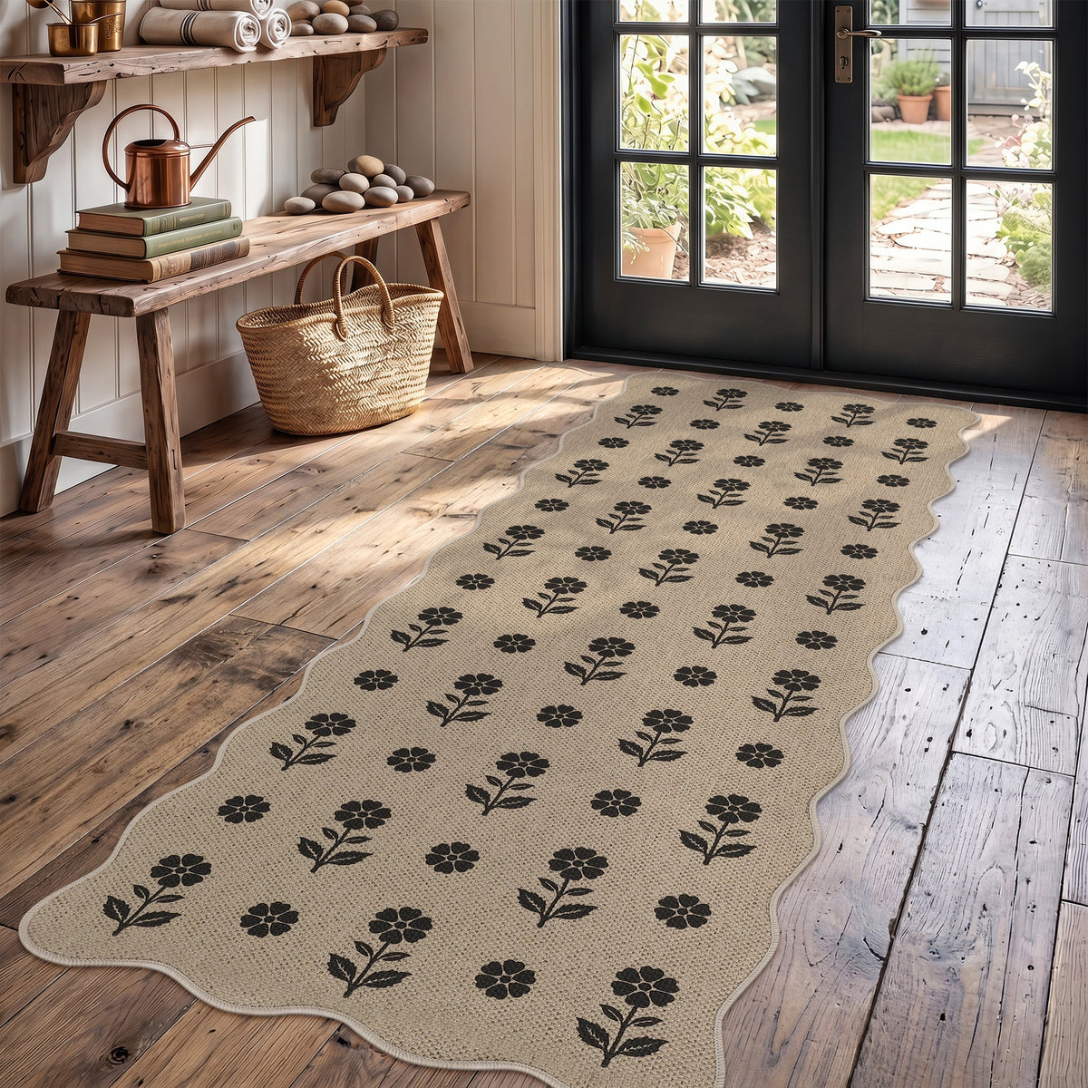 Black floral pattern on beige jute runner rug on wooden floor near glass door