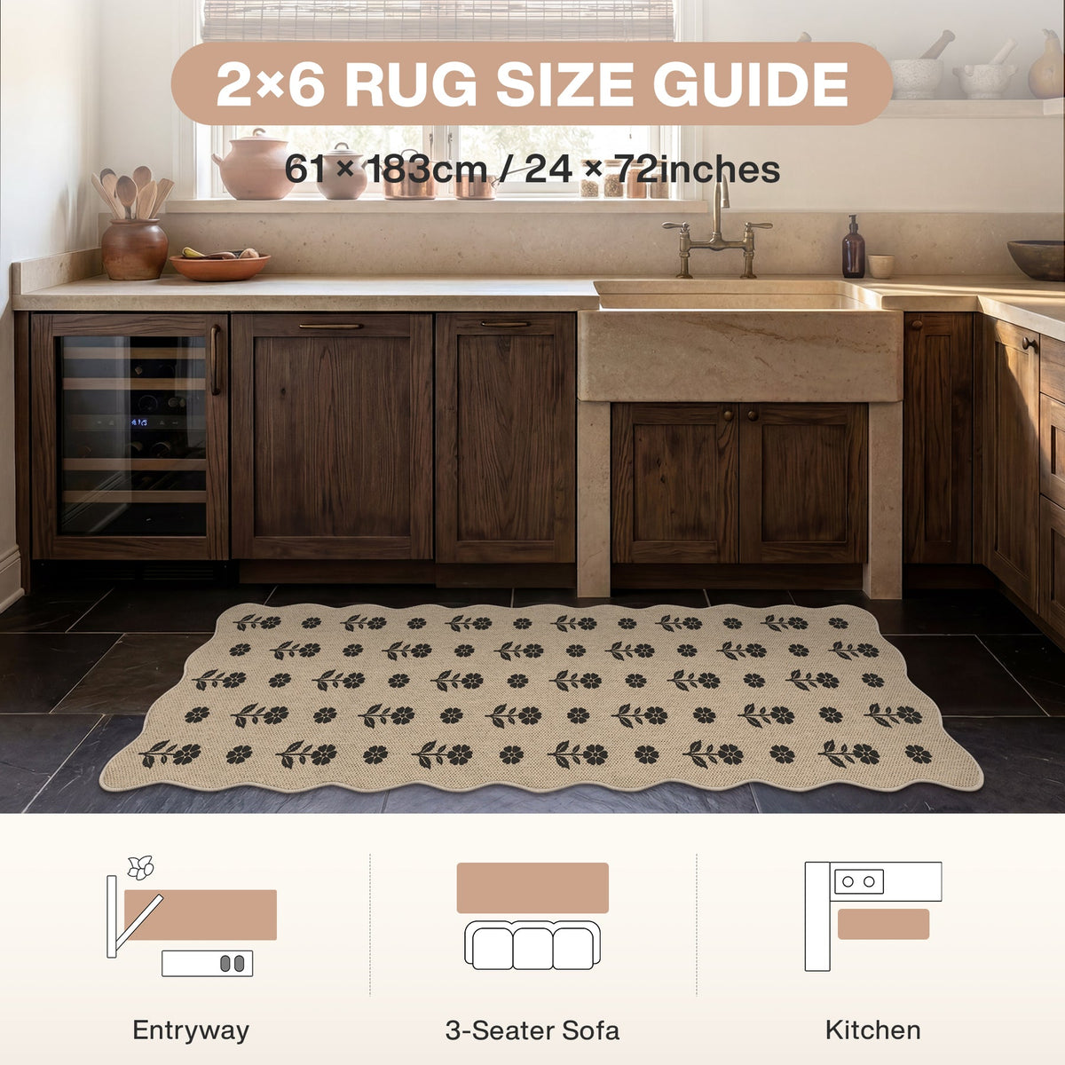 Floral jute rug in beige with black pattern, 61 x 183cm, shown in kitchen on dark tile floor