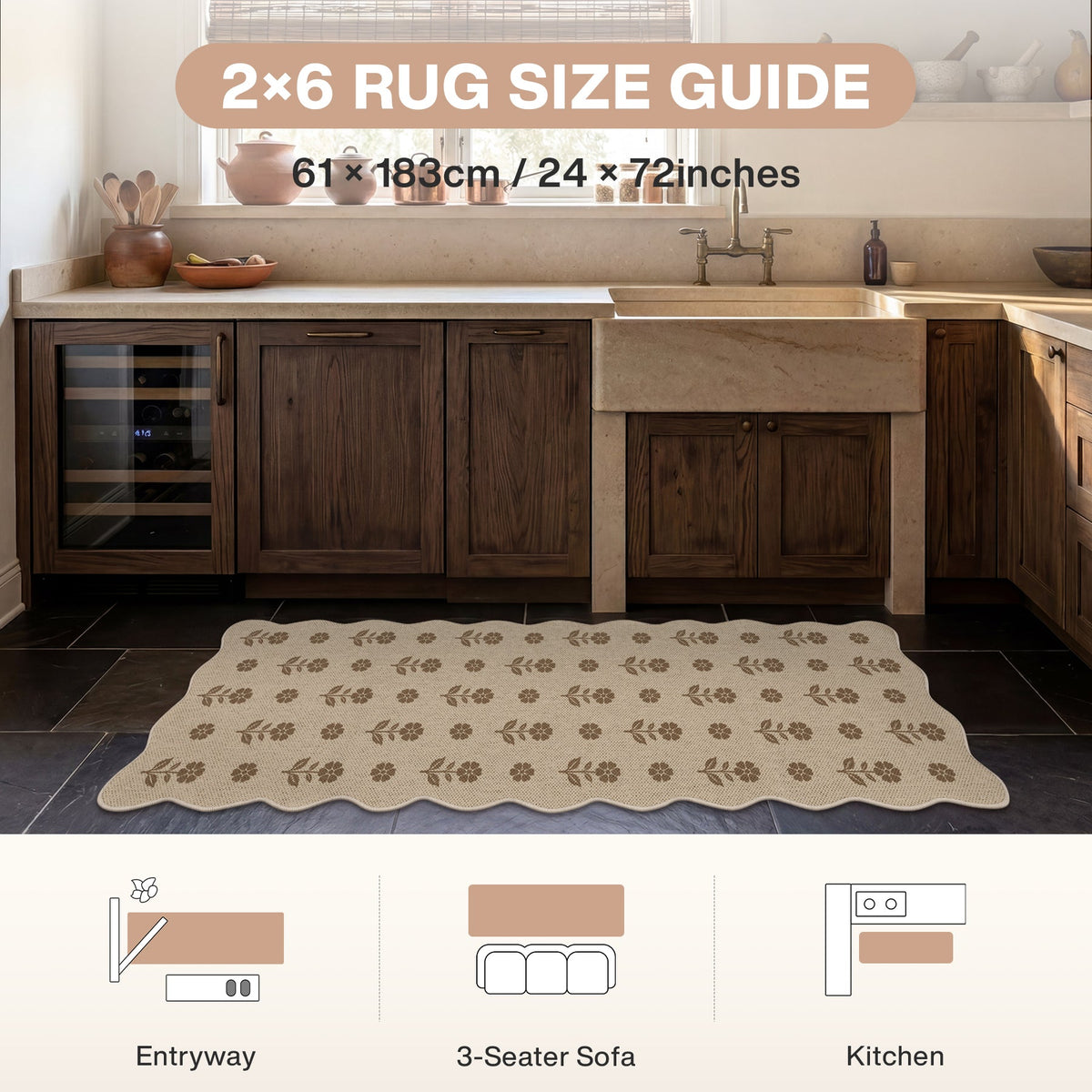 Floral jute rug in beige with brown pattern, 61 x 183cm, shown in kitchen on dark tile floor