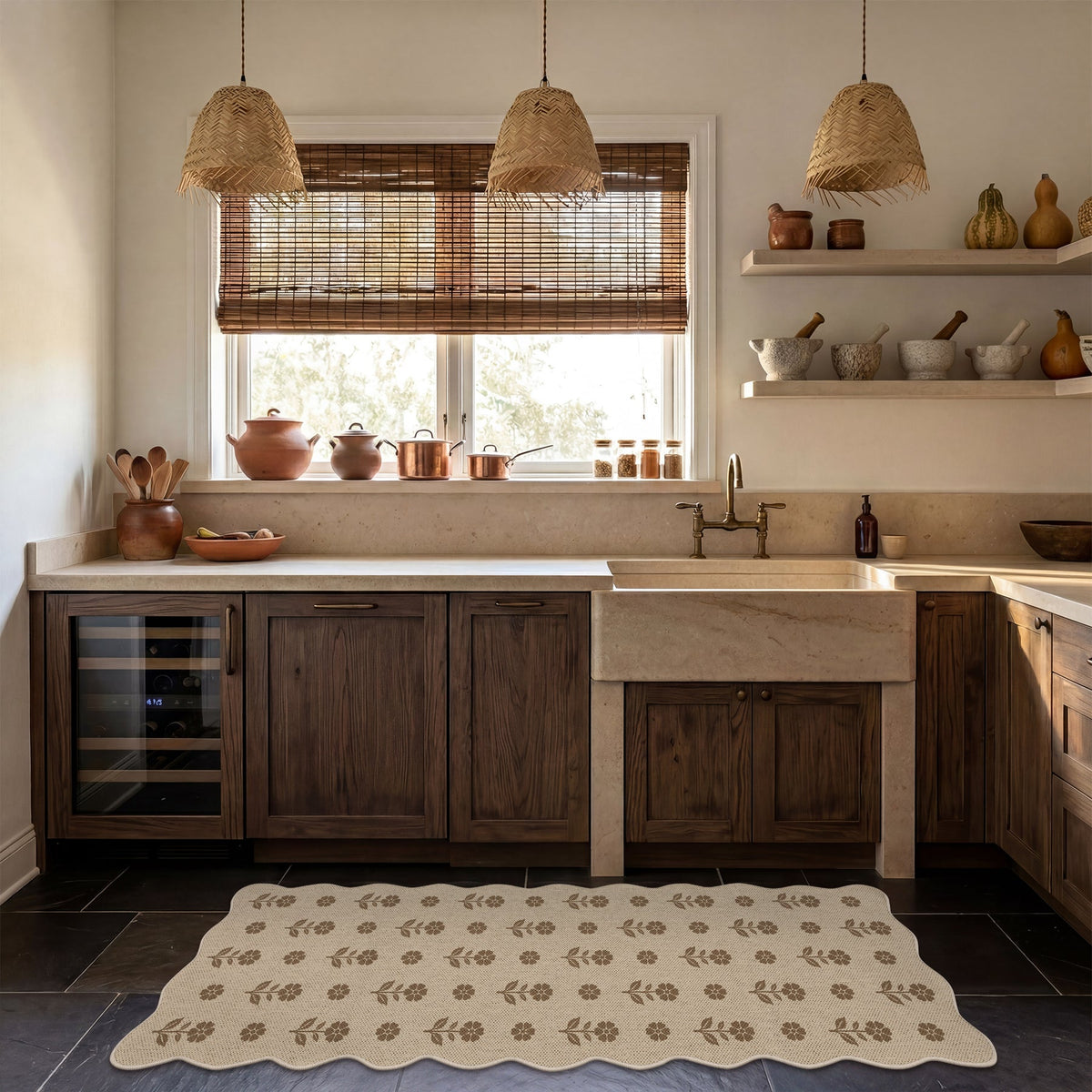 Beige floral jute rug on dark tile floor in rustic kitchen