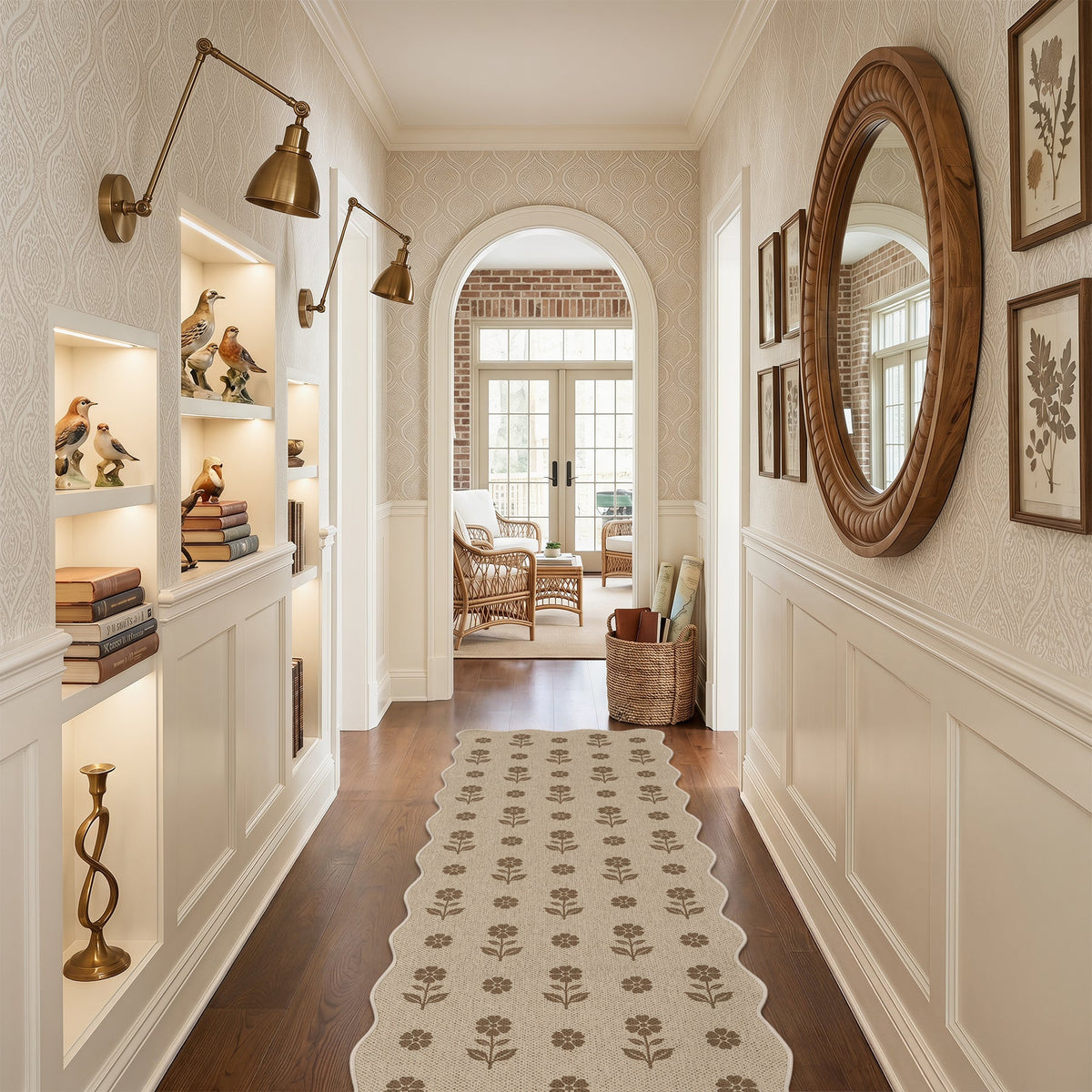 Floral patterned jute runner rug on hardwood floor in hallway with arched doorway and built-in shelves
