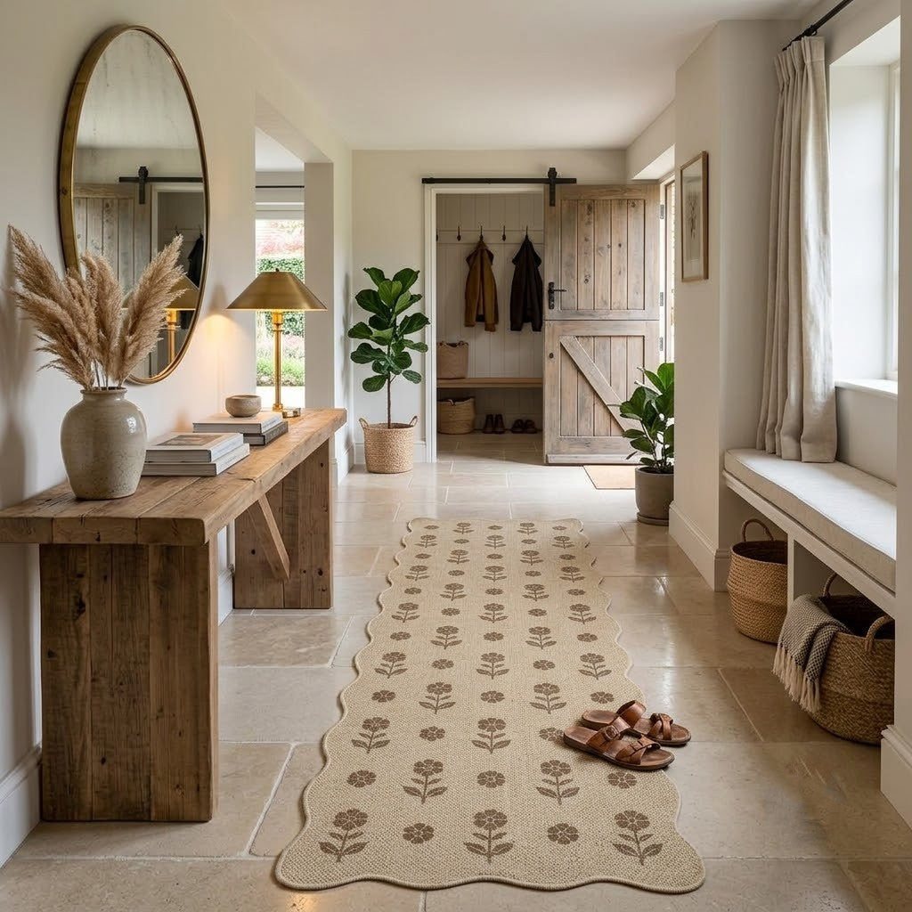 Beige floral jute runner rug on tiled floor in hallway with wooden console and potted plants