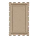 Scalloped beige jute area rug with brown checkered border, shown flat
