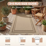 Scalloped beige jute rug, 91 x 152cm, on wooden deck with potted plants and outdoor furniture