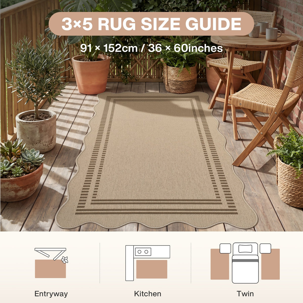 Scalloped Easy Jute Area Rug, Washable Non Slip Indoor Outdoor Hallway Kitchen Rug