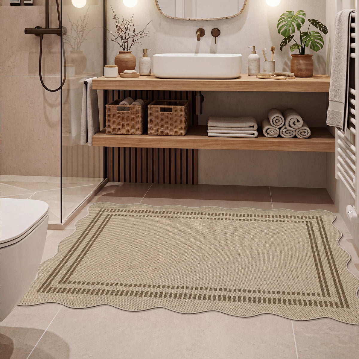 Beige scalloped jute rug with dark brown border on tiled bathroom floor