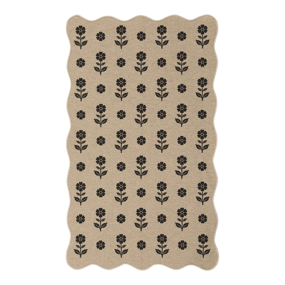 Beige jute rug with black floral pattern, scalloped edges, shown flat