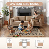 Floral jute rug in beige with black pattern, 91 x 152cm, shown in living room with children playing