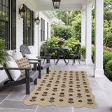 Black floral pattern on beige jute rug on stone patio under porch
