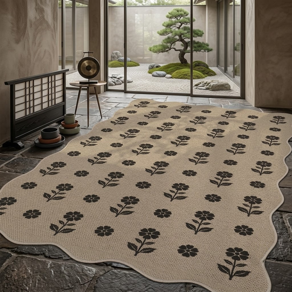 Beige jute rug with black floral pattern on stone floor near glass doors to garden