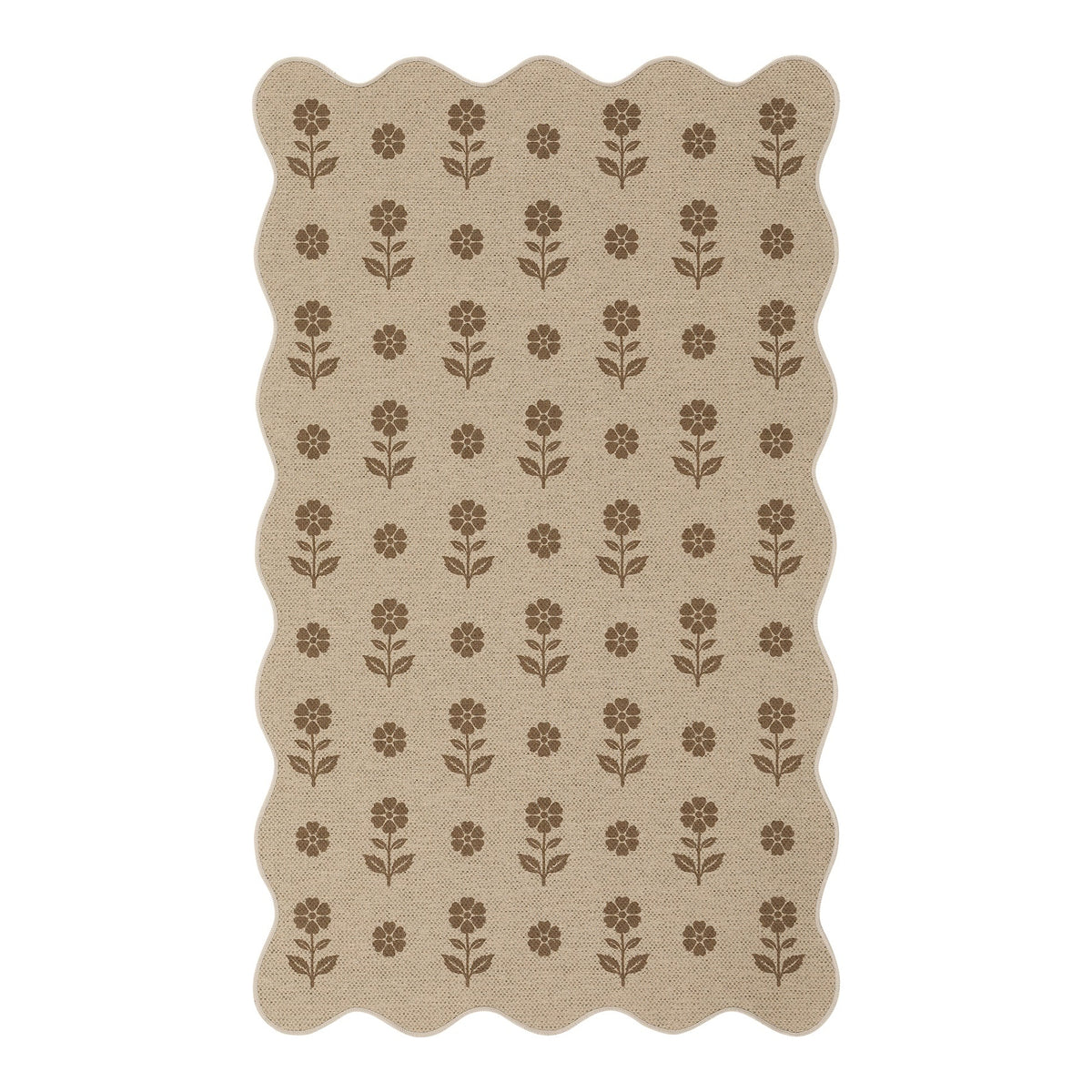 Beige jute rug with brown floral pattern, scalloped edges, shown flat on floor