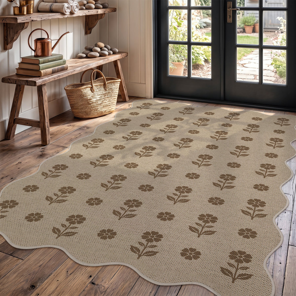 Beige floral jute rug with brown pattern on wooden floor near glass door