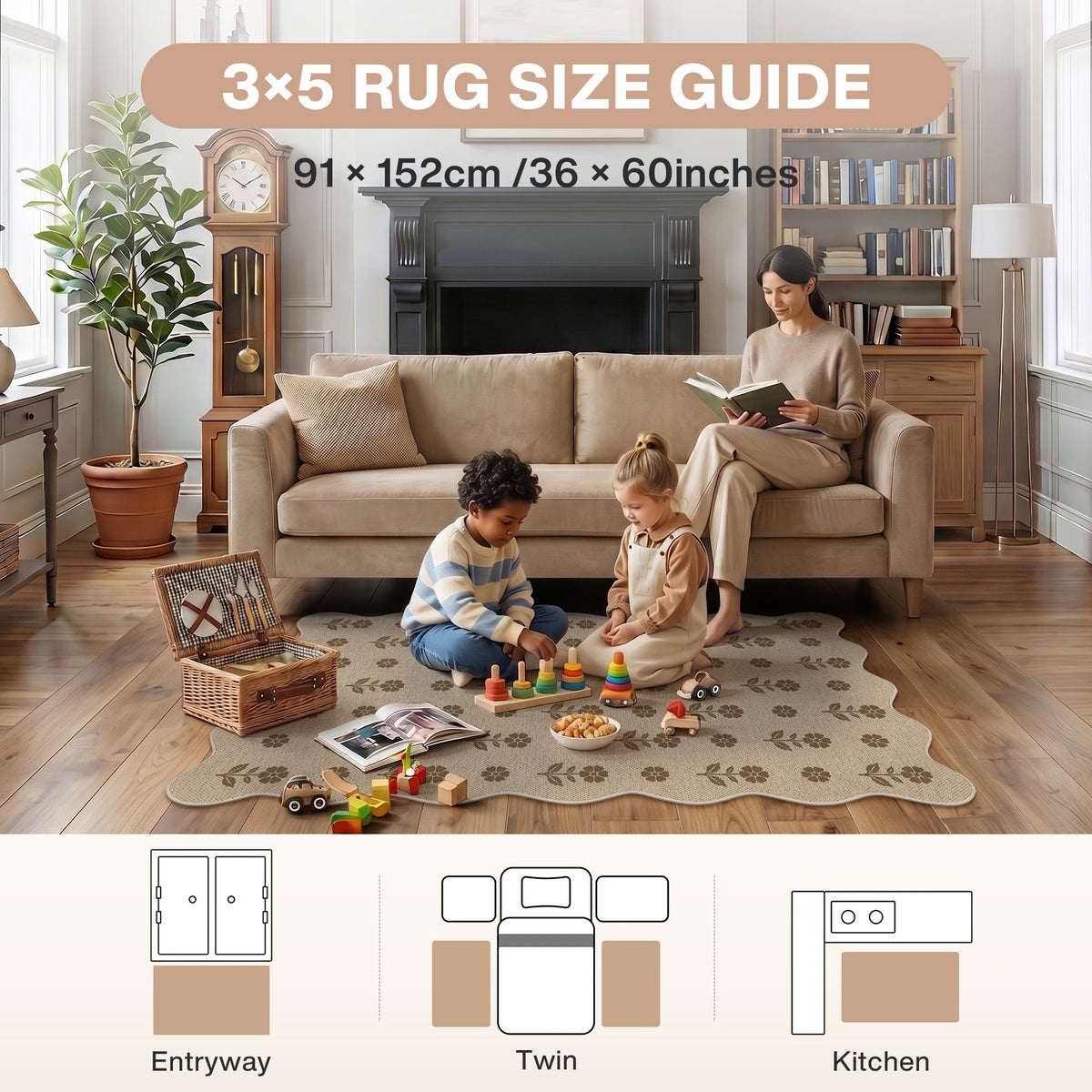 Floral jute rug in beige with brown pattern, 91 x 152cm, shown in living room with children playing
