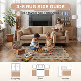 Floral jute rug in beige with brown pattern, 91 x 152cm, shown in living room with children playing
