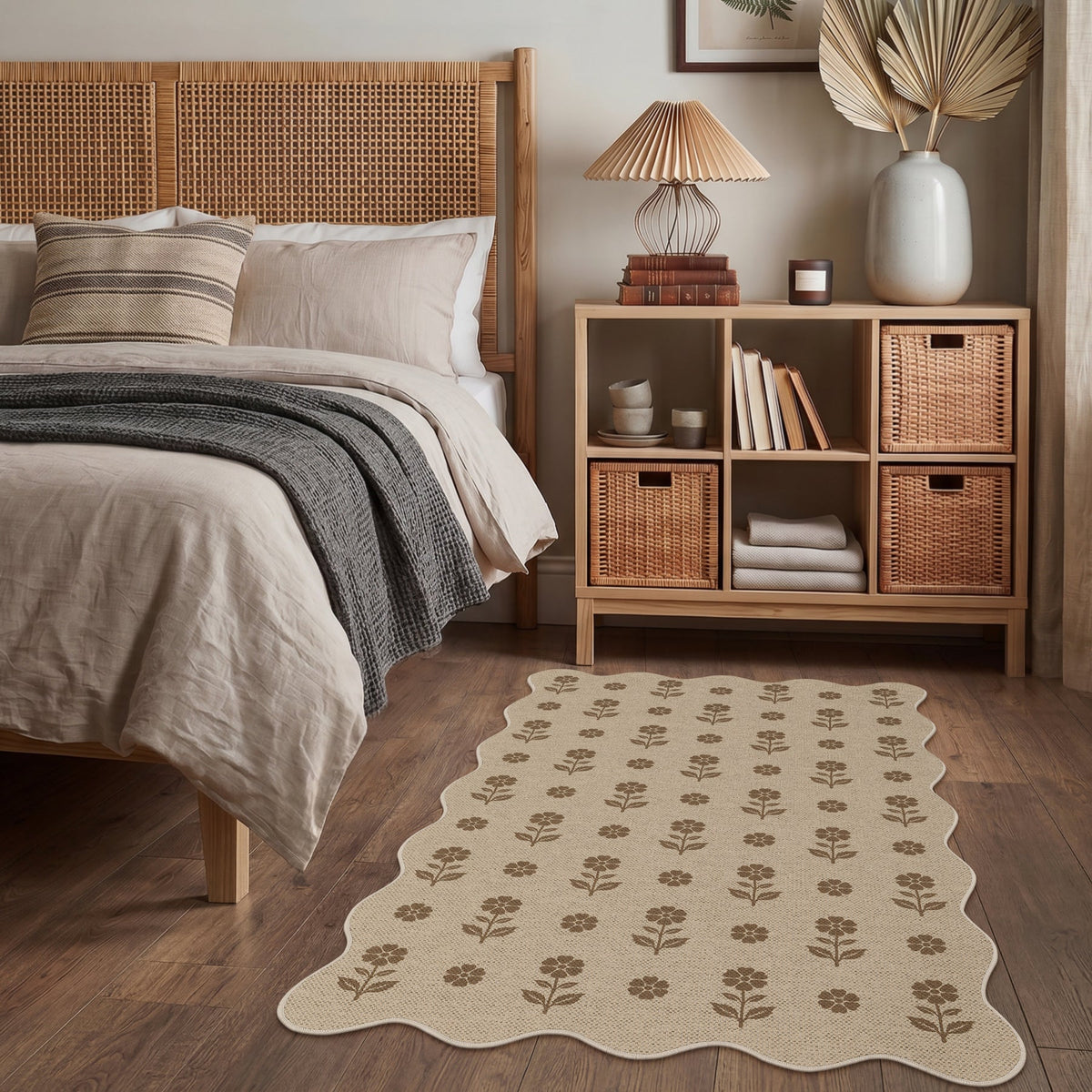 Beige floral jute rug with scalloped edge on wooden floor in bedroom