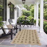 Beige floral patterned jute rug on stone patio with outdoor furniture
