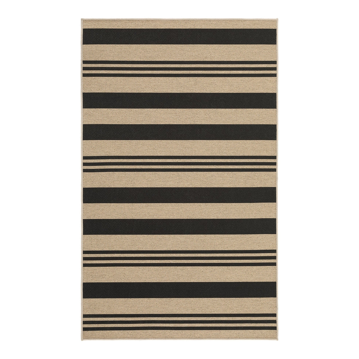 Black and beige striped jute area rug, flat lay view