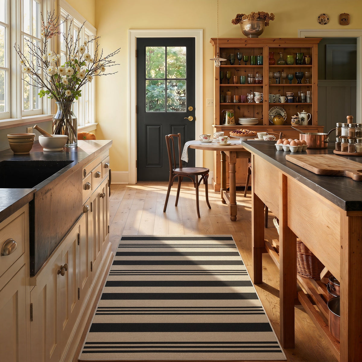 Black and beige striped jute runner rug on wooden floor in kitchen