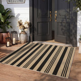 Black and beige striped jute rug on wooden porch in front of dark front door