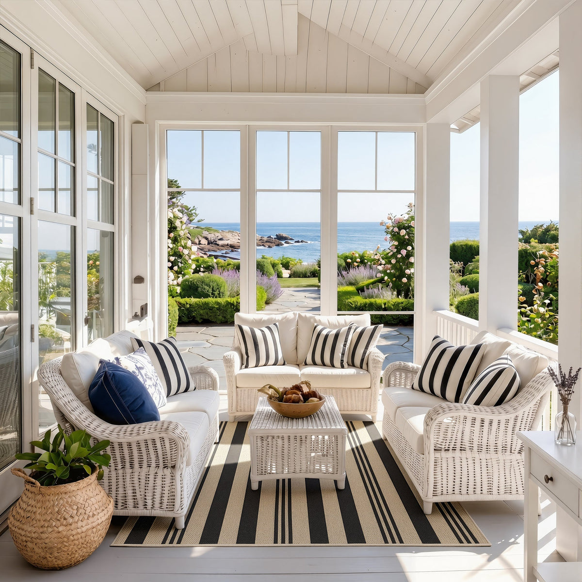 Black and beige striped jute rug on a porch with white wicker furniture and ocean view