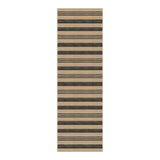 Striped jute runner rug in beige and dark brown, shown flat on floor