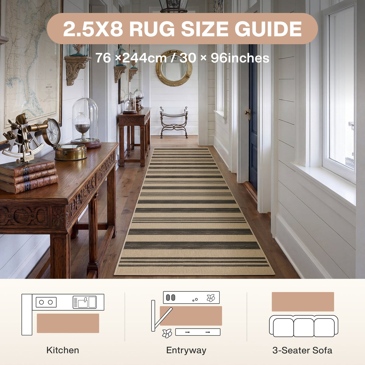 Striped jute runner rug, 2.5x8 feet, in hallway with wooden floors and white walls