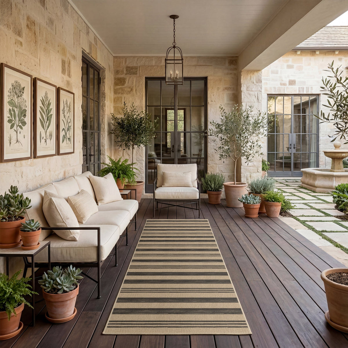 Beige and dark gray striped jute runner rug on dark wood deck with outdoor furniture and potted plants