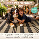 A child and dog on a striped beige and black jute rug in a sunlit room