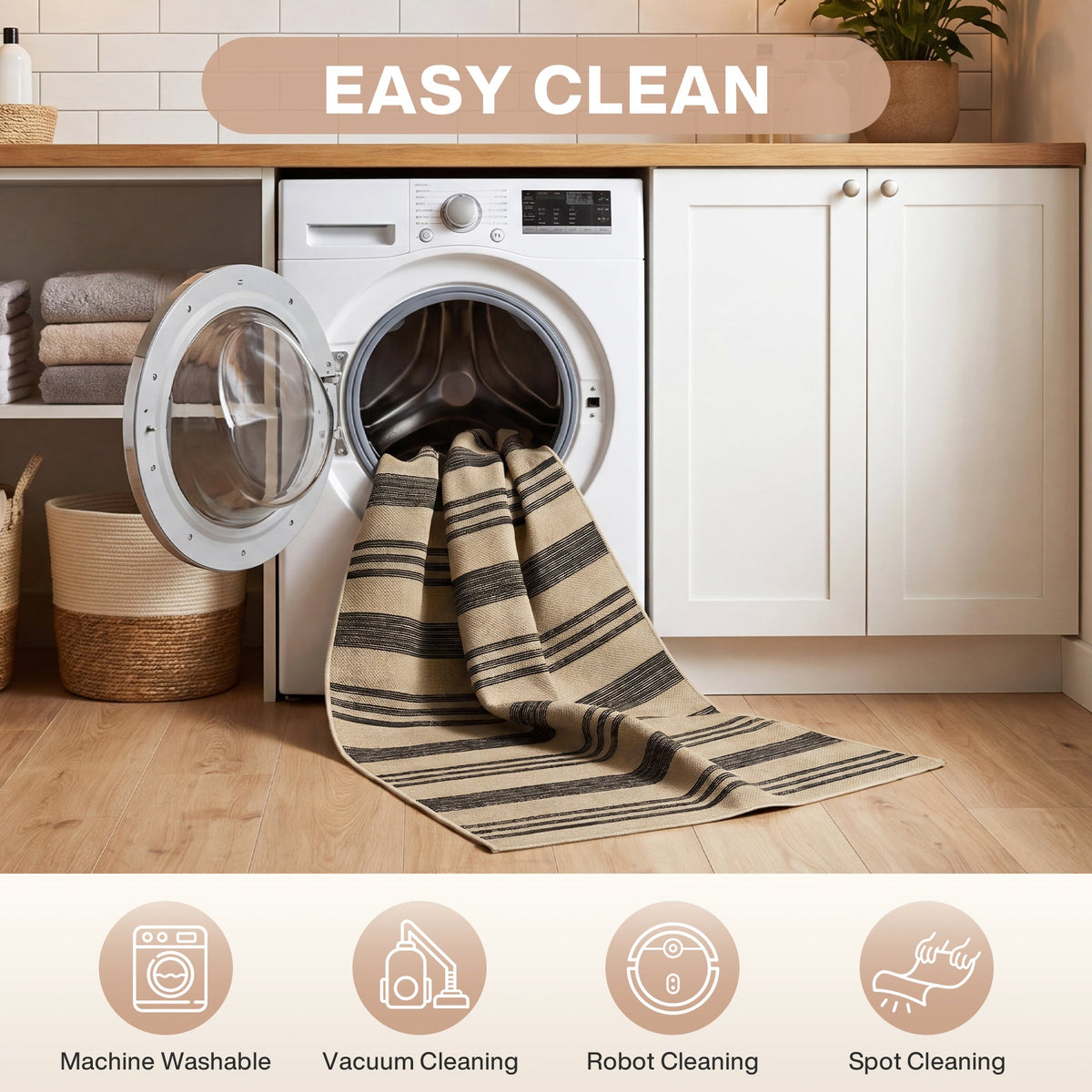 Striped jute rug draped from open washing machine in laundry room