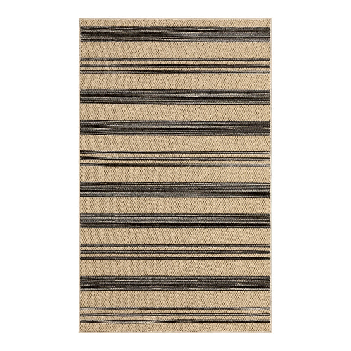 Beige and dark gray striped jute rug, flat lay view