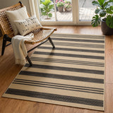 Beige and dark gray striped jute rug on hardwood floor near wicker chair and glass door