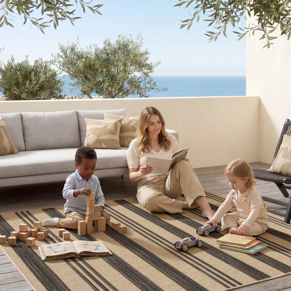 Striped jute rug in beige and black, shown outdoors on a patio with children playing