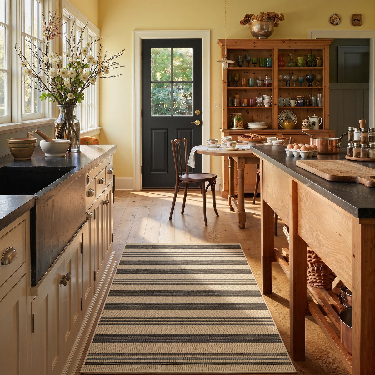Striped jute runner rug in beige and dark gray, shown in a kitchen with wooden floors and cabinets